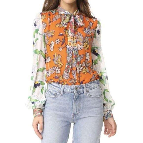 Tory Burch Kia Tie Neck Silk Blouse Orange Long Sleeve Multi Floral Size 6 - Picture 1 of 14